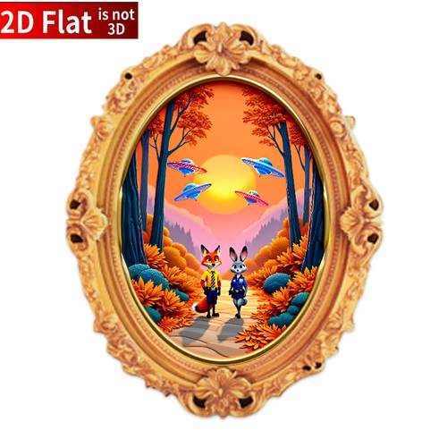 1pc 2d flat fantasy forest sunset themed wooden picture frame refrigerator magnet the magical adventure of fox and rabbit judy with a floating ufo and glowing suitable for home decor creative office ornaments