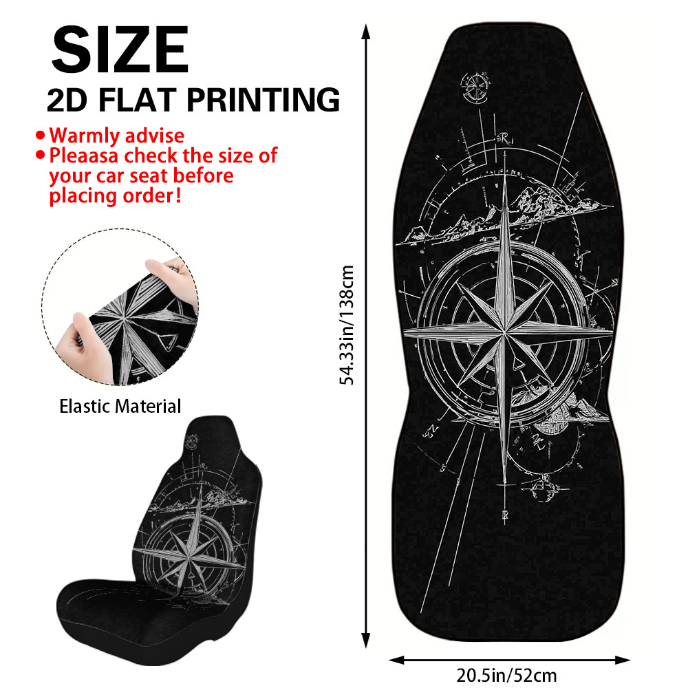 TEMU 2pcs Compass And Map Lines Theme Printed Front Bucket Car Seat Covers, Durable Seat Protectors, Universal Fit For Sedans Suvs Trucks, Novelty
