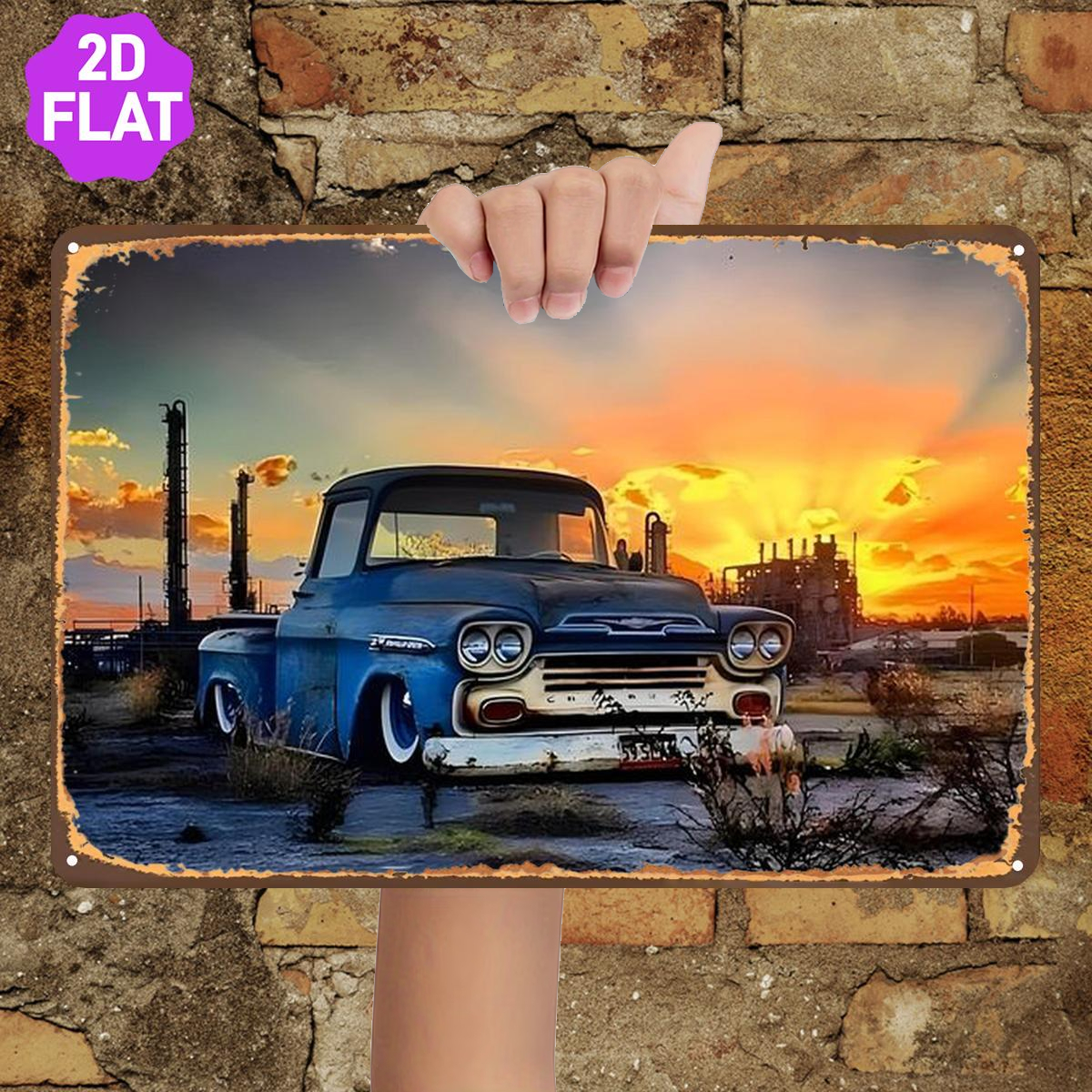 TEMU 2d Flat, 2d Flat 1pc,vintage Blue Truck At Sunset Industrial Landscape,metal Lron Sign,size(8"x12"/20cm*30cm)decoratve