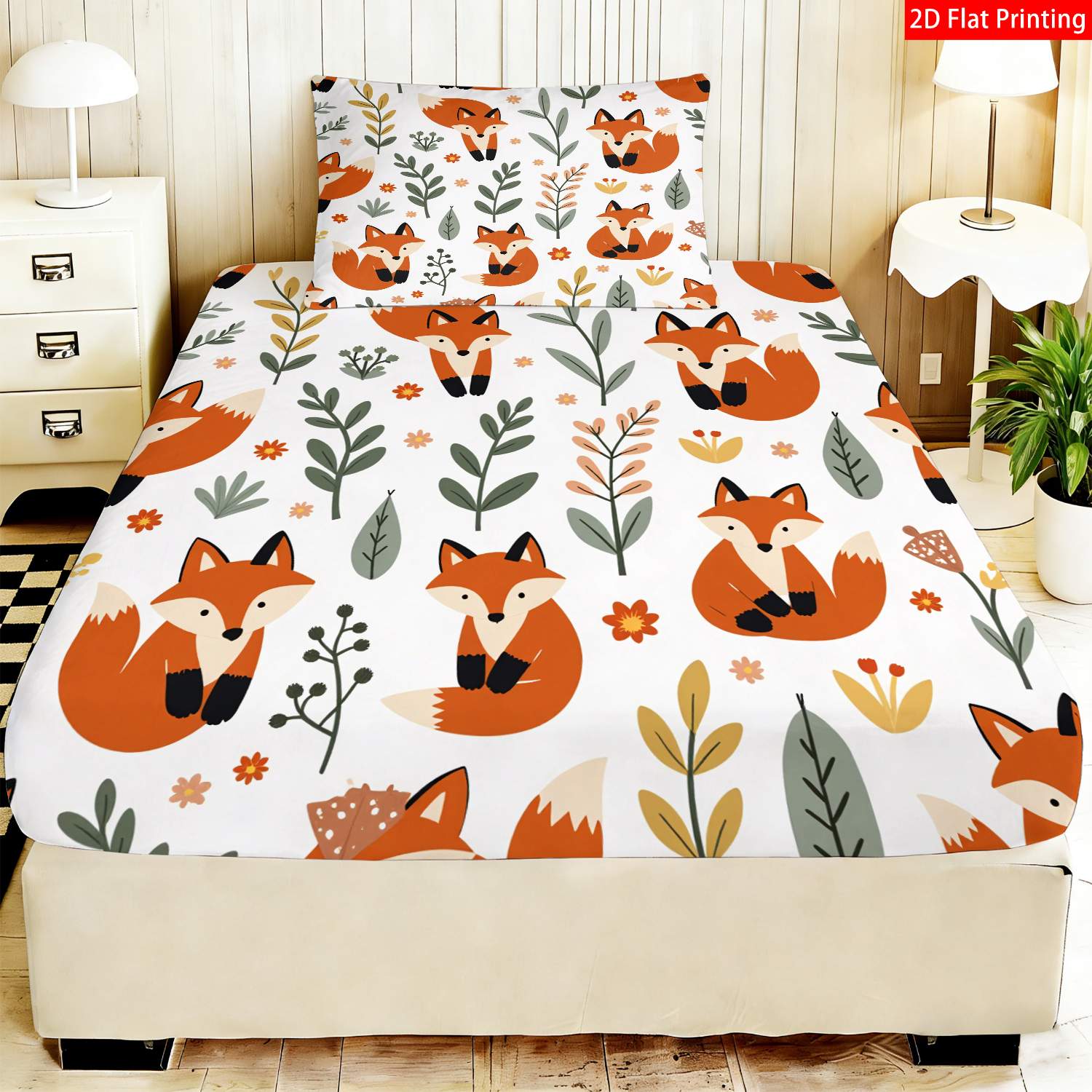 TEMU 2/3pcs 2d Flat Printing Fitted Sheet, Cute Cartoon Style, Fox Animal Theme Bedding, White Background With And Green Leaf Print Pattern, Suitable
