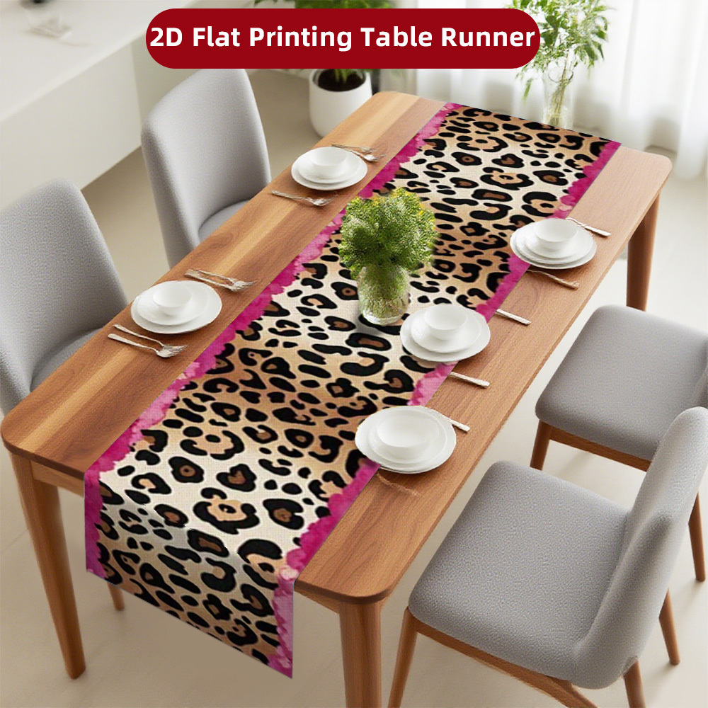 TEMU 2d Plain Tablecloth Polyester Powder Edge Classic Leopard Print Thickened Wear-resistant Decorative Table Runner, Suitable For Living Room