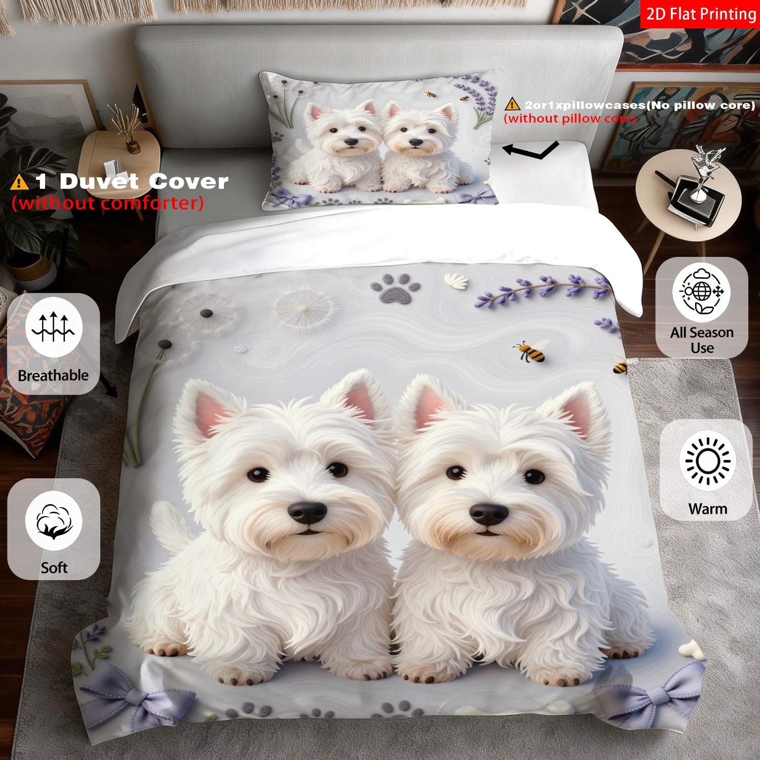 TEMU 2pcs/3pcs West Highland Bedspread Suitable For Occasions - Puppy Bedding With Lavender & Paw Print, Zipper Closure, Machine Washable Quilt Cover