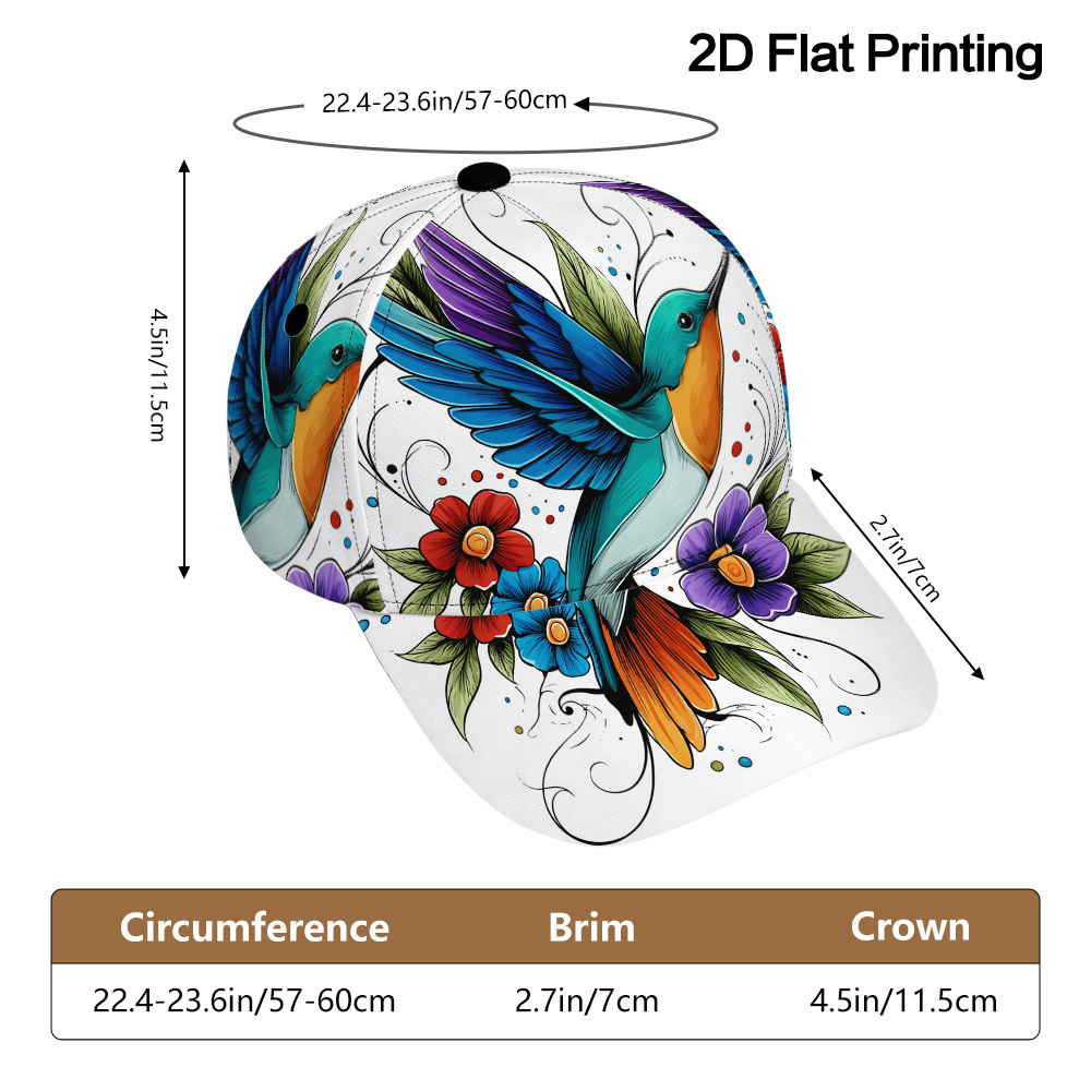 TEMU 1pc 2d Flat Colorful Hummingbird And Flowers Printed Classic Baseball , Lightweight And Versatile Duckbill , Adjustable Design, Perfect For