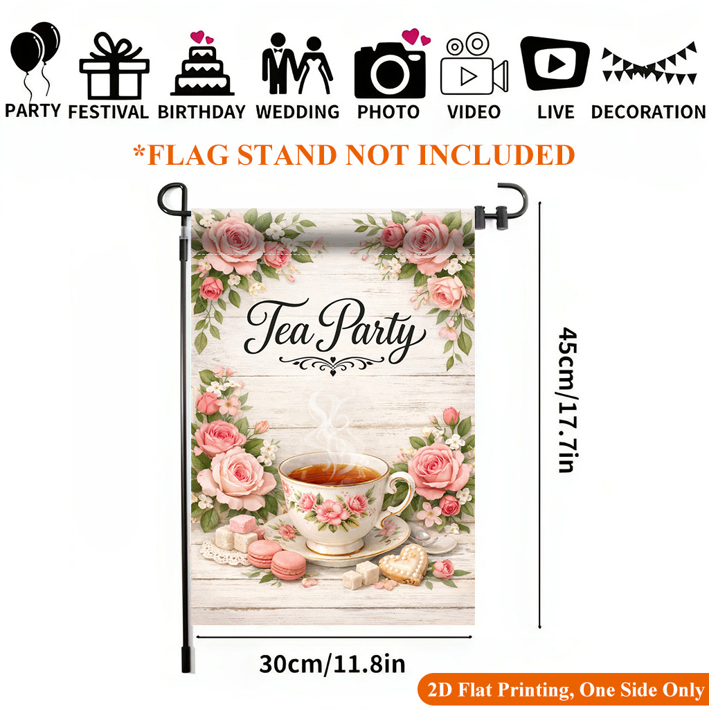 TEMU Plat 2D, Drapeau de Jardin Imprimé Plat 2D 1 pièce, Drapeau de Jardin Moment de Goûter au Thé - Décoration d'Extérieur Imprimée sur une Seule