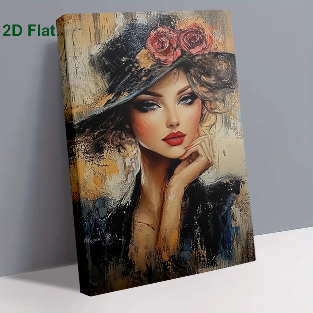 TEMU 2d Flat, 1pc Framed Canvas Painting - Woman With Flower Hat Wall Art Poster, Elegant Female Figure & Botanical Decor, Hd Modern Minimalist