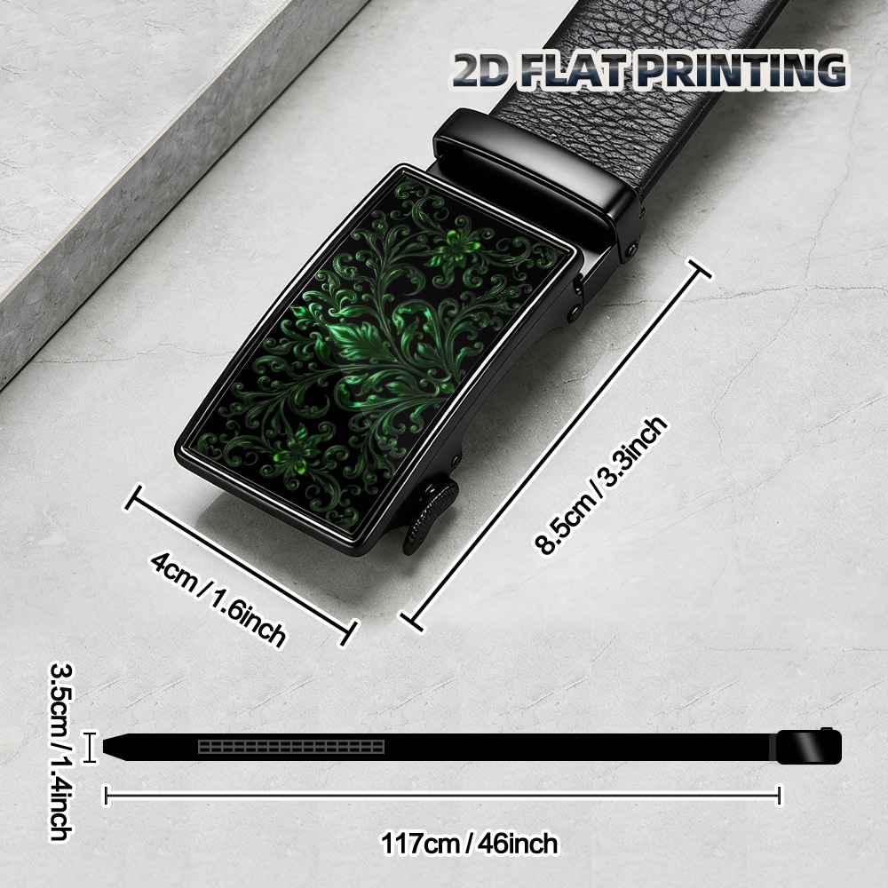 TEMU 2d Flat Printing, 1pc With An Innovative Elegant Green Floral Graphic Face, Men's Ratchet Belt With Click-to-fit System, Great For Shopping,