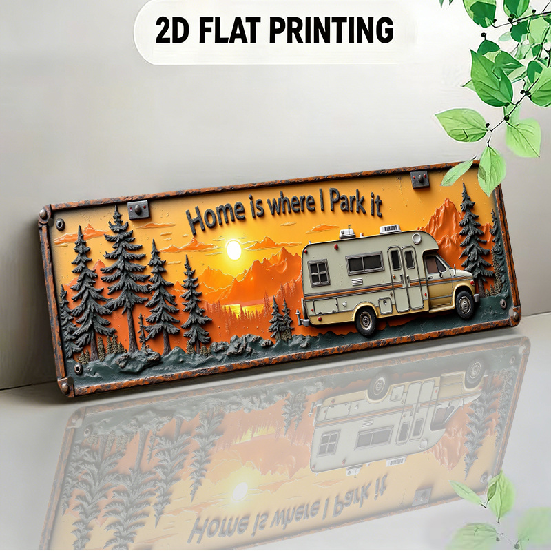 TEMU 2d Flat Design Signboard Featuring A Retro Van Surrounded By Pine Trees And A Scenic Sunset Background Suitable For Home Decor Rvs Campsites And