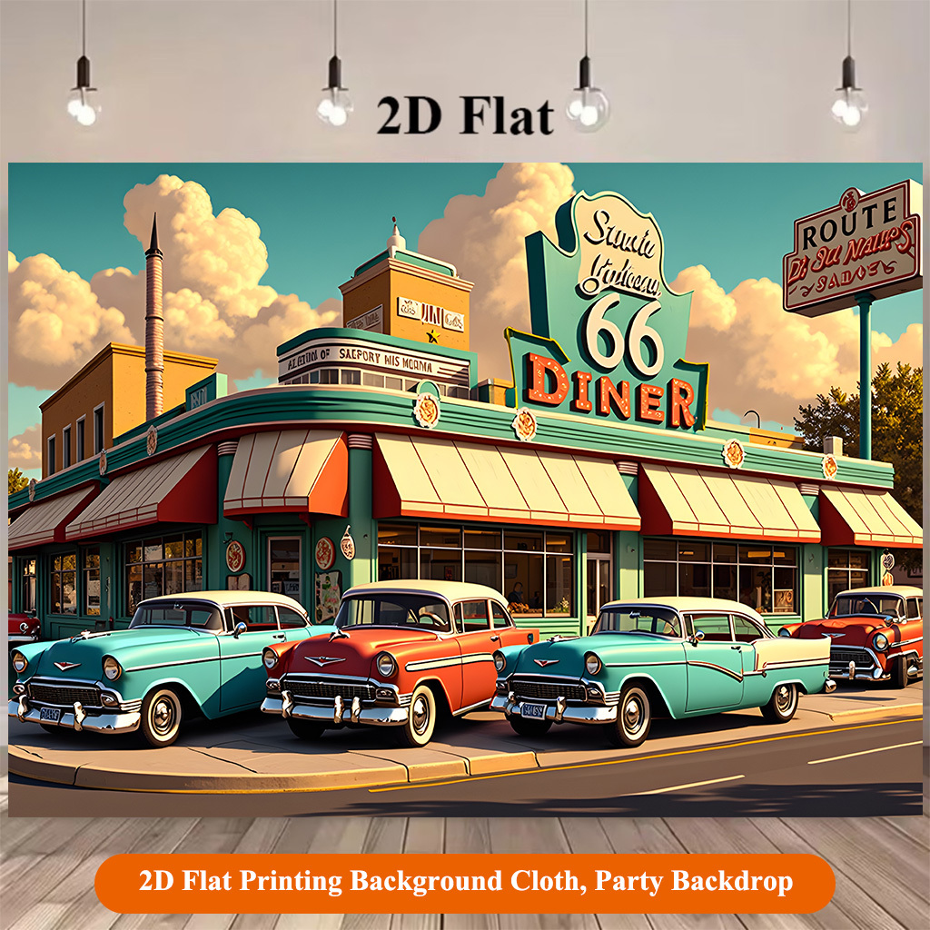 TEMU 2d Flat, 2d Flat - 2d Flat, 2d Flat - 2d Flat Printing Backdrop Banner 1pc, Vintage American Diner With Cars Background Cloth, Multipurpose