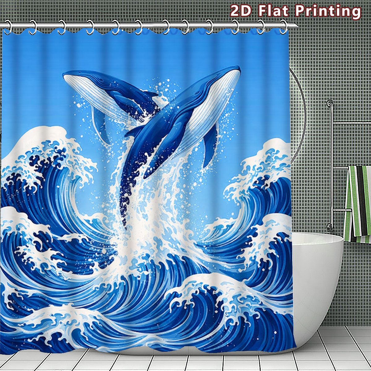 1pc Whales and Waves Shower Curtain, Multiple Size Options