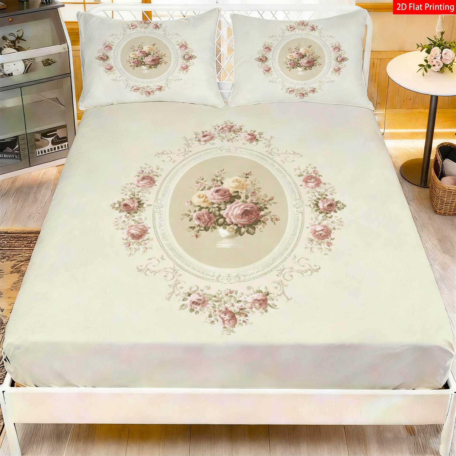 TEMU 2/3pcs 2d Flat Printing Fitted Sheet, Vintage Floral, Romantic Rose Bouquet Bedding, Beige, Elegant Oval Frame With Roses Print, For Bedroom
