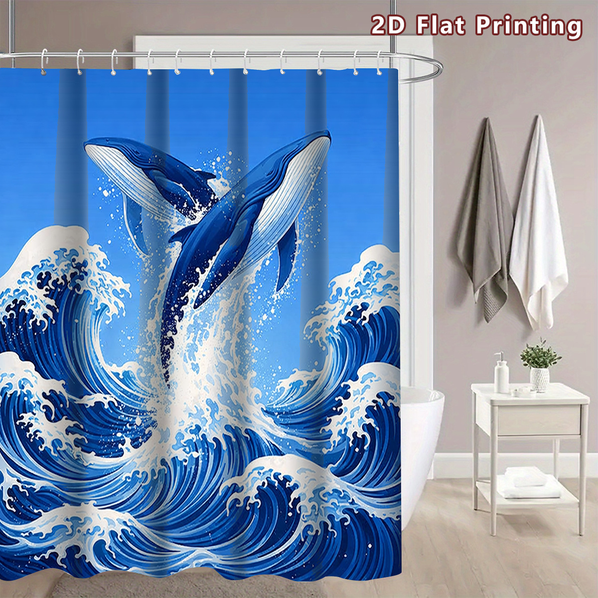 1pc Whales and Waves Shower Curtain, Multiple Size Options