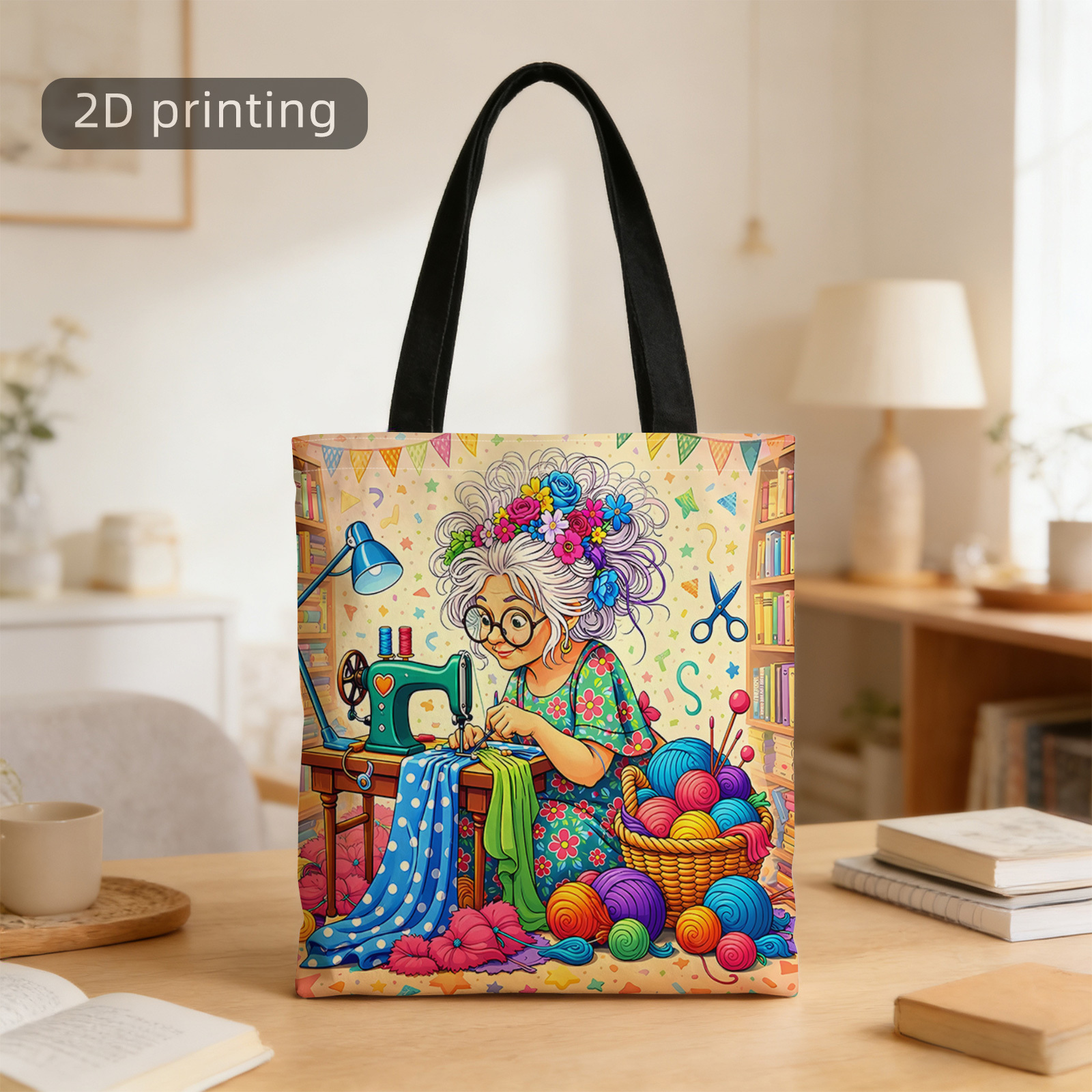 TEMU Sac fourre-tout imprimé 2D, Femmes âgées, Machine à coudre, Laine colorée, Robe florale, Pièce ludique, Réutilisable, Sac à bandoulière élégant,