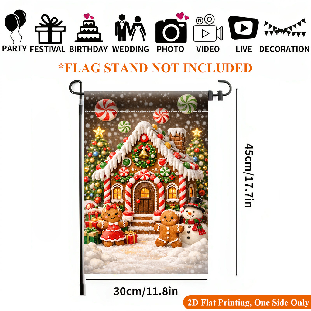 TEMU 2d Flat, 2d Flat - 2d Flat - 2d Flat Printed Garden Flag, 1pc Pack, Gingerbread House Display Scene Garden Flag - Single-sided Printed Outdoor