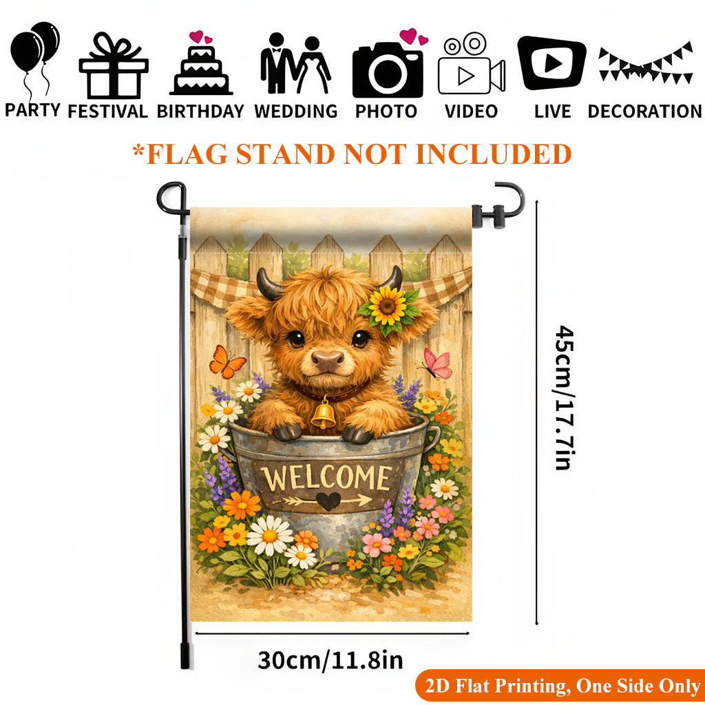 TEMU 2d Flat - 2d Flat - 2d Flat Printing Garden Flag 1pc, Welcome Cute Cow Garden Flag - Single-sided Printed Outdoor Decor For Home And Garden,