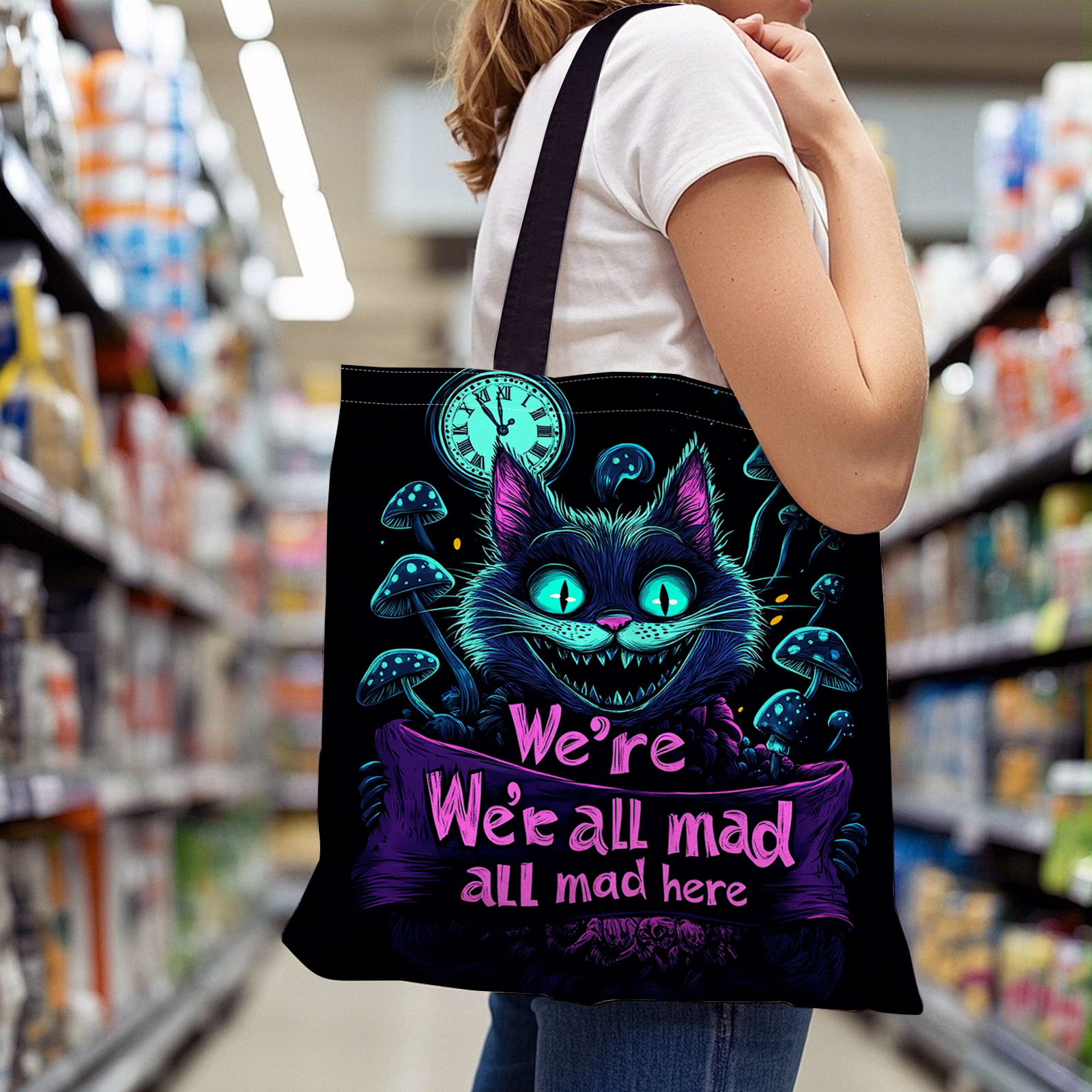 TEMU 1pc In Wonderland Tote Bag With Cheshire Cat Print & " All Mad Here" Quote - Colors, Lightweight Foldable Bookbag Suitable For College,