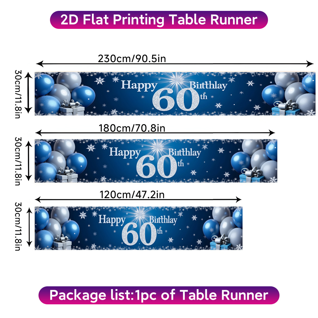 TEMU Chemin de table rectangulaire 1 pièce en polyester avec impression 2D à plat, pour du soixantième anniversaire, pour table à manger, décoration