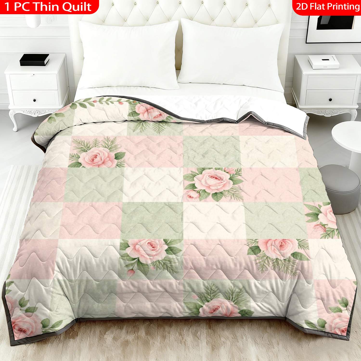 TEMU 1pc Thin Quilt 2d Flat Print Pink Green Checkerboard Rose Floral Pattern Machine Washable And Resistant To Deformation Suitable, In Multiple