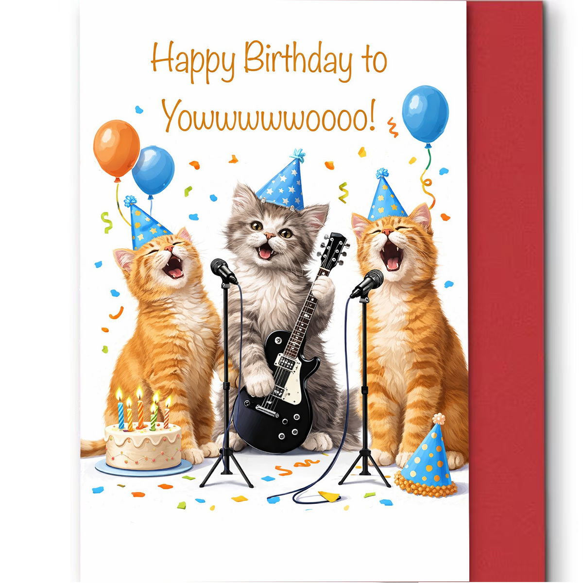 TEMU 1 Set Including Envelope And Greeting Card. Adorable Kitten Birthday Card With Singing Kitten, Guitar, And . A For Cat Lovers. High-quality