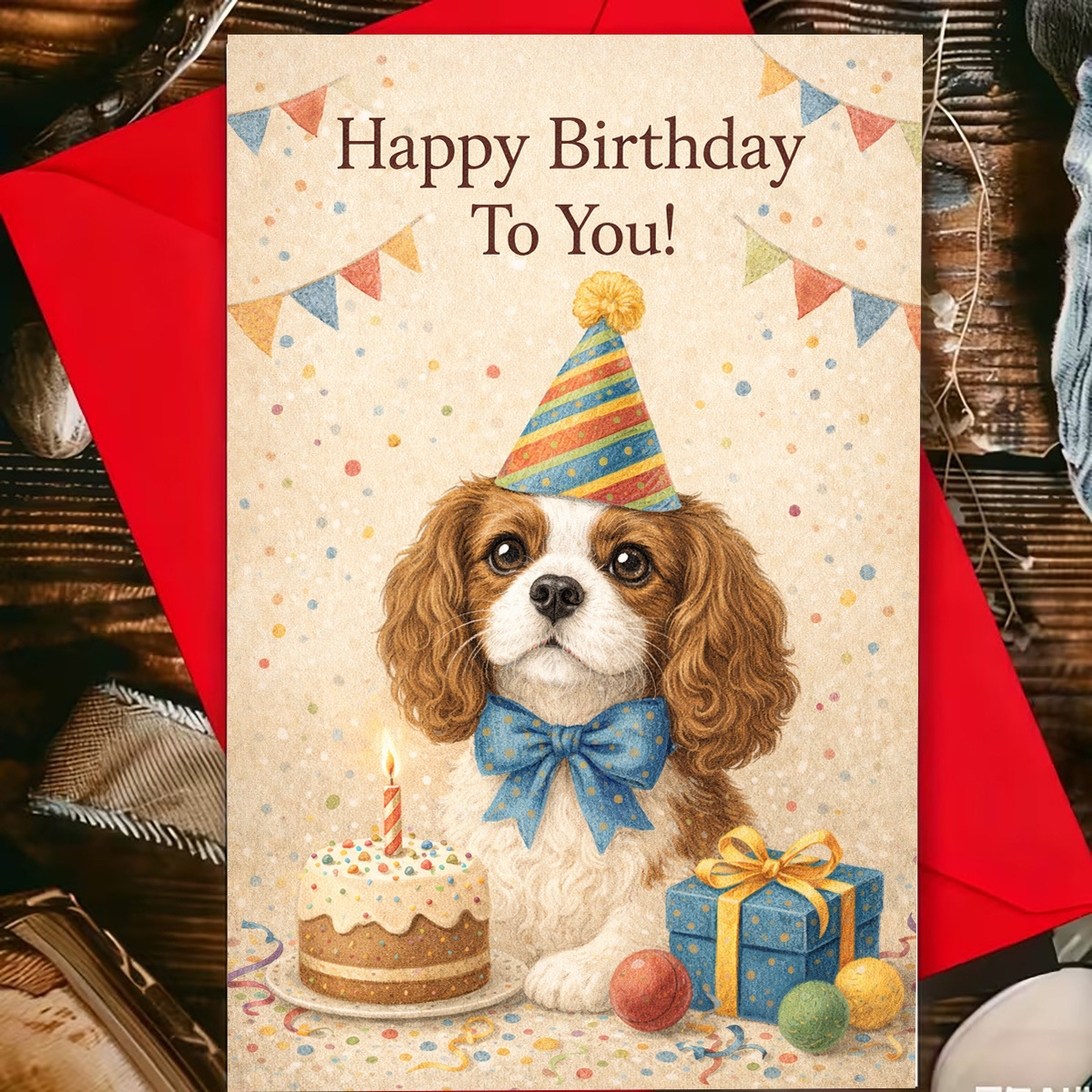 TEMU 1 Set Includes 1 Greeting Card And 1 Envelope. Vintage King Charles Spaniel Birthday Card, Featuring "happy Birthday" Printed On The Front And A