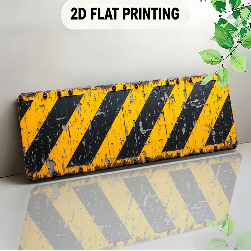 TEMU 2d Flat, 2d Flat Design Distressed Industrial Warning Signboard European-style Decorative Item Featuring Yellow And Black Hazard Stripe Patterns