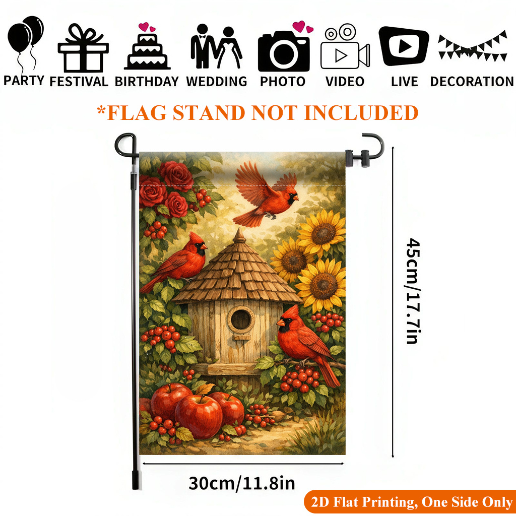 TEMU Drapeau de jardin plat 2D, 1 pièce, impression plate 2D, drapeau de jardin naturelle et oiseaux rouges - Décoration extérieure imprimée sur un