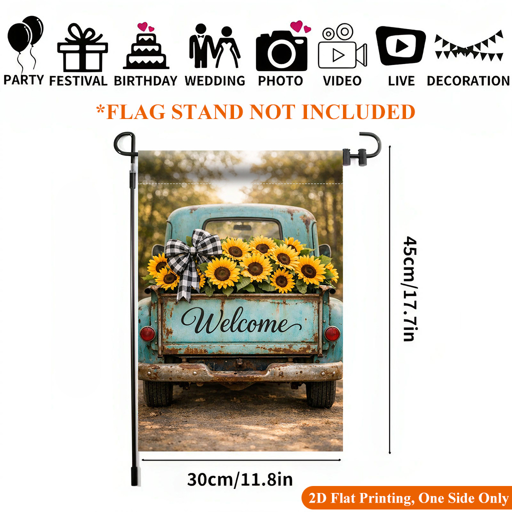 TEMU Drapeau de jardin plat 2D, impression 2D plate, 1 pièce, drapeau de jardin camion vintage avec tournesols - Décoration d'extérieur imprimée sur