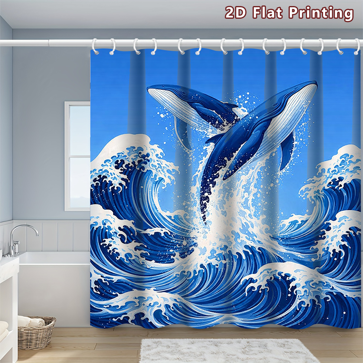 1pc Whales and Waves Shower Curtain, Multiple Size Options