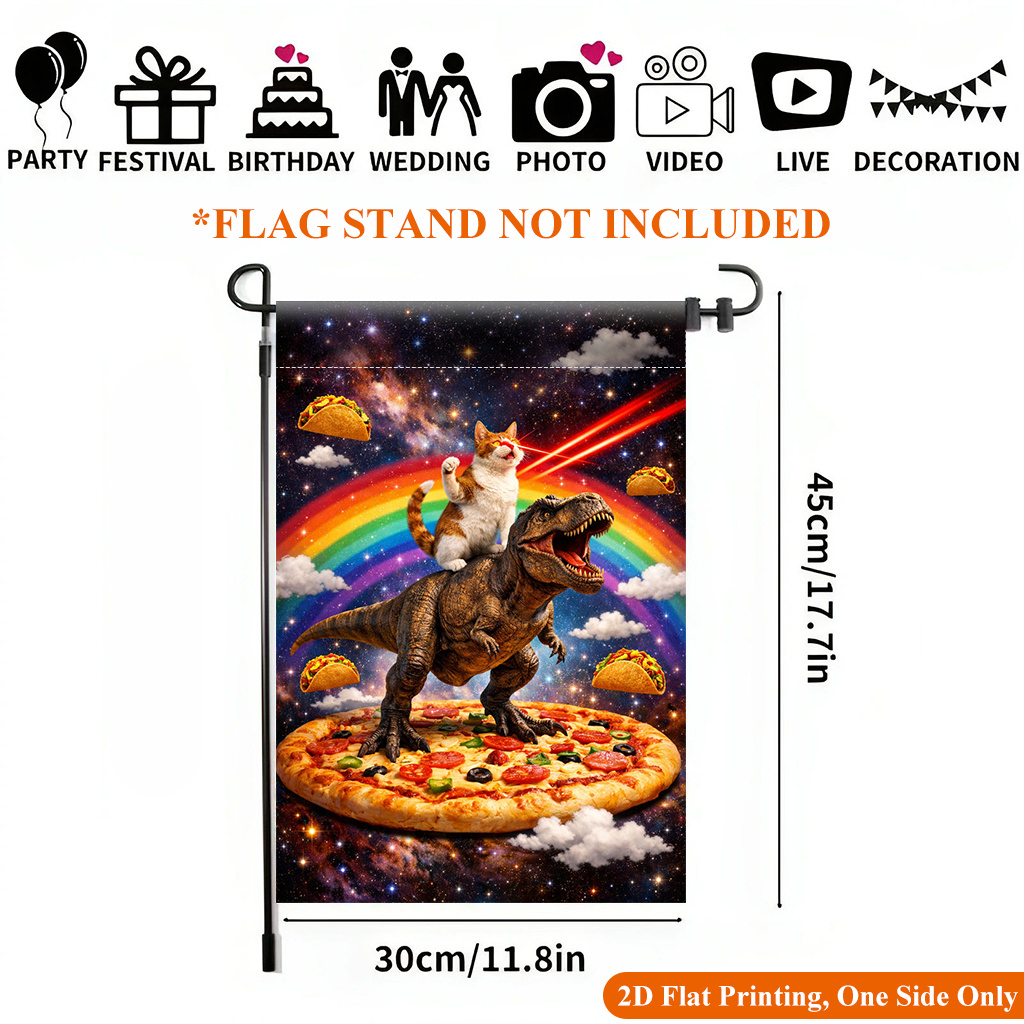 TEMU 2d Flat, 2d Flat Printing Garden Flag 1pc, Pizza Dinosaur Cat Adventure Garden Flag - Single-sided Printed Outdoor Decor For Home And Garden,