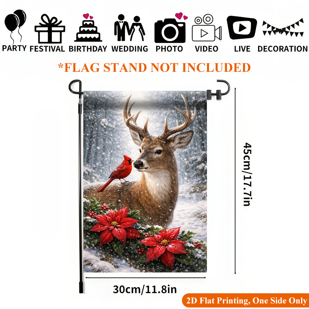 TEMU Drapeau de jardin plat 2D, impression plate 2D, 1 pièce, drapeau de jardin cerf et oiseau enneigés - Décoration d'extérieur imprimée sur une