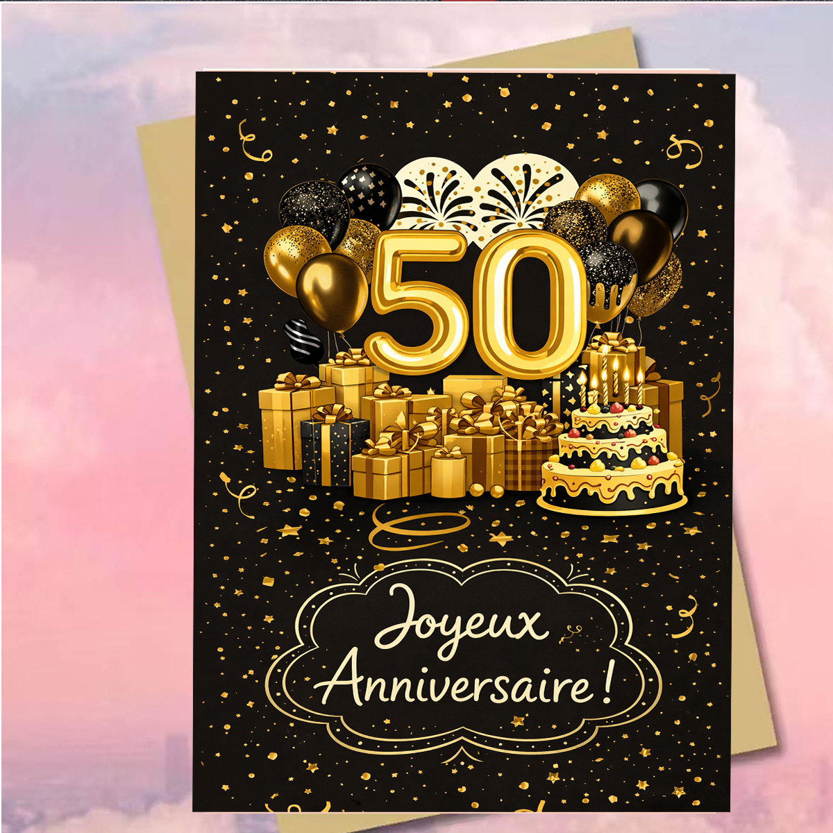 TEMU 1 Lot (Une Enveloppe et une Carte) Carte d'Anniversaire Dorée pour 50 Ans, Ballons Noirs et Dorés, Gâteau et Cadeaux, Carte de Vœux