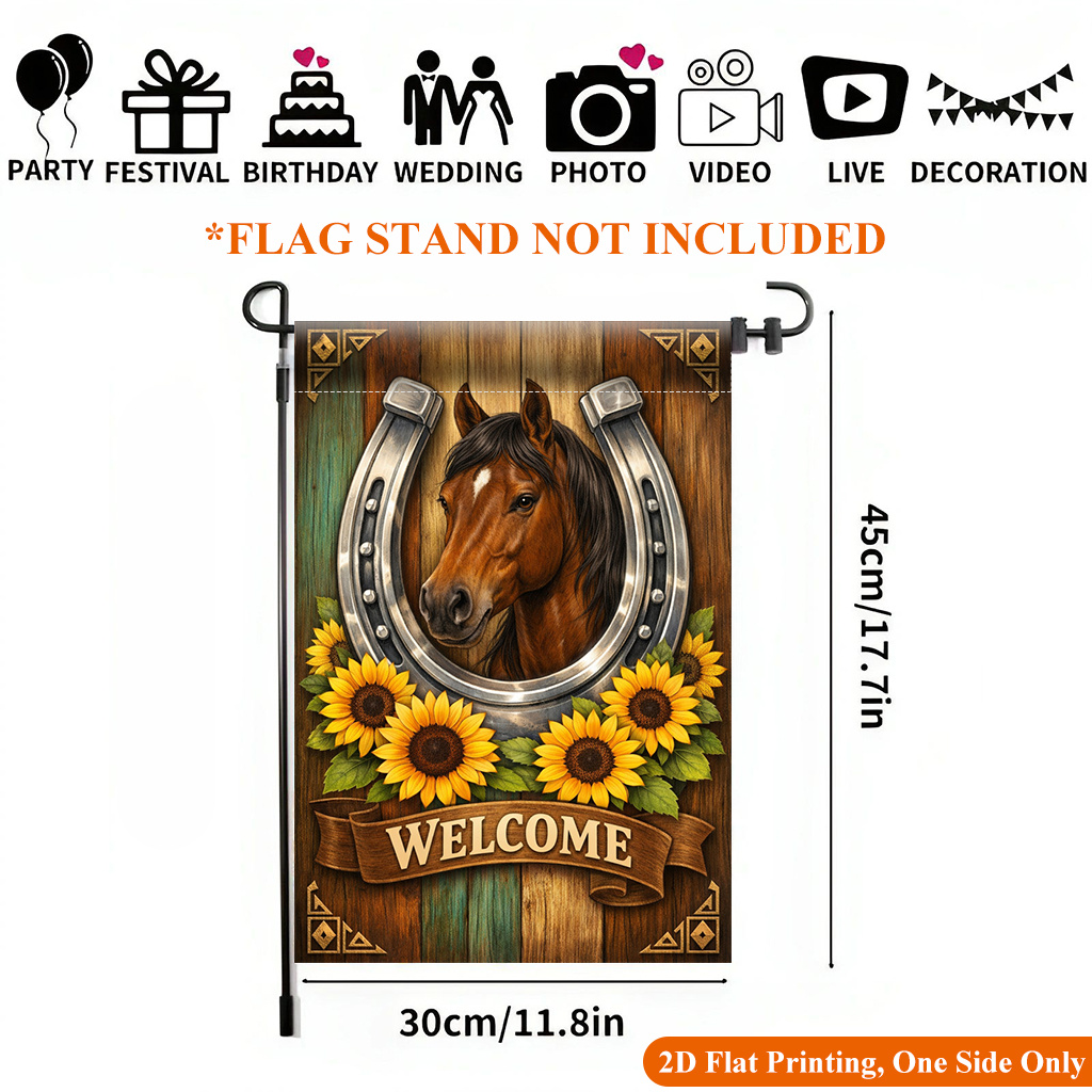 TEMU Drapeau de jardin plat 2D - Impression 2D - 1 pièce, motif cheval et tournesols - Décoration extérieure imprimée recto, et le jardin, décoration