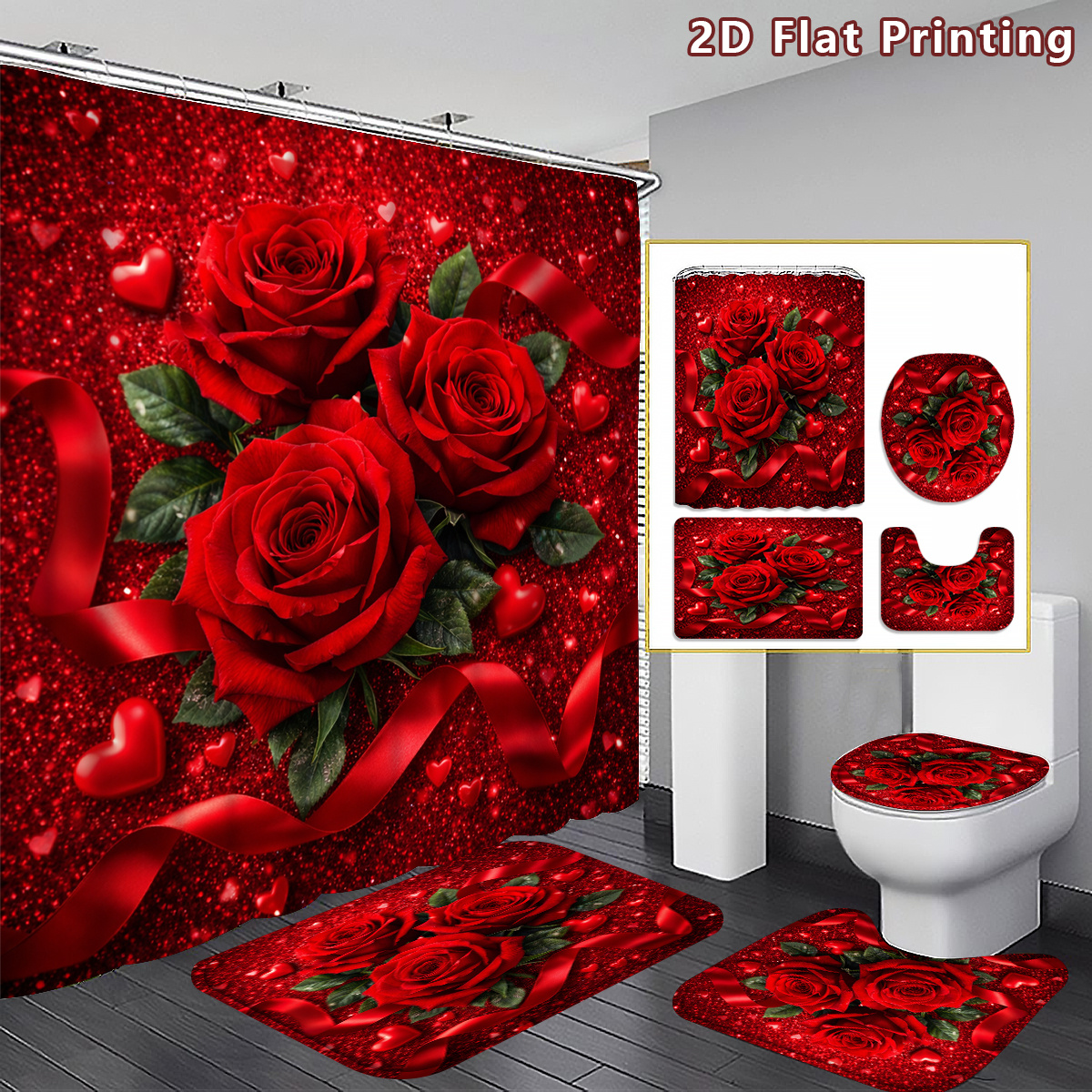TEMU 2d Flat, 2d Flat 4pcs Red Roses Shower Curtain Set, Glittery Red Rose And Heart Bathroom Decor, Additions With, U-shaped, Toilet Lid Cover,