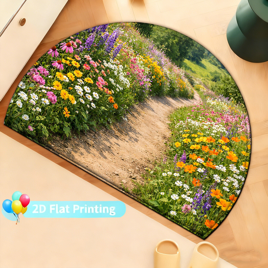 TEMU Product: 2d Flat Print, Spring Floral Pathway Pattern Doormat, Soft Flannel Welcome Mat, Non-slip, Machine Washable, Foldable, Suitable For