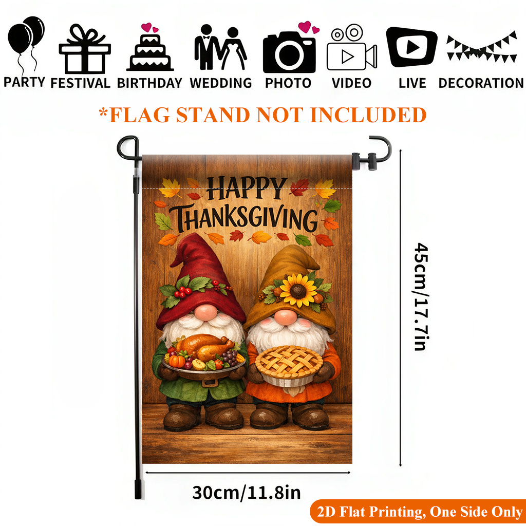 TEMU 2d Flat - 2d Garden Flag, Thanksgiving Dwarf Holding Gourmet Garden Flag - Single-sided Printed Outdoor Home Decoration, Holiday Decor, Durable