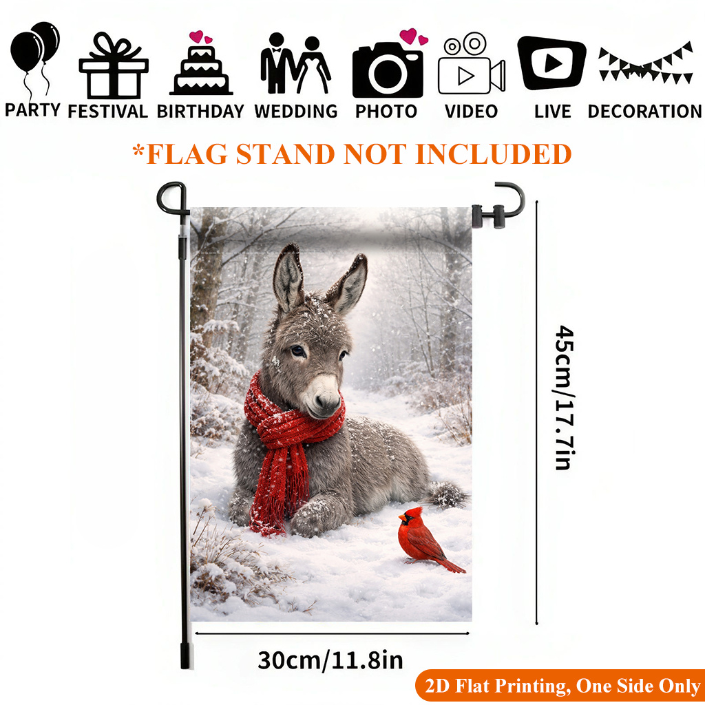 TEMU 2d Flat - 2d Flat - 2d Flat Printing Garden Flag 1pc, Snowy Scene Donkey Scarf Garden Flag - Single-sided Printed Outdoor Decor For Home And