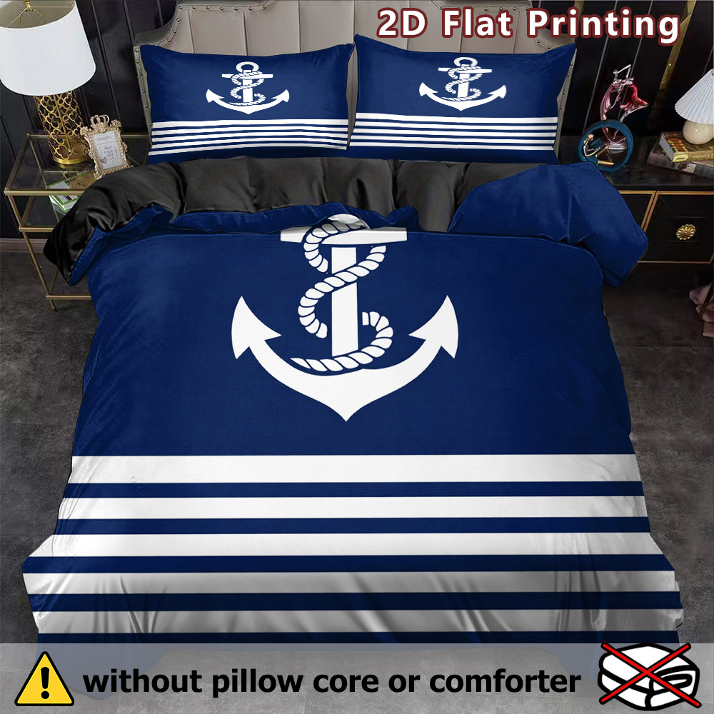 TEMU 3pcs Anchor Duvet Cover Set, Nautical Striped Print, Nautical Theme, Breathable Polyester, , Machine Washable, , No Insert For Bedding (1duvet
