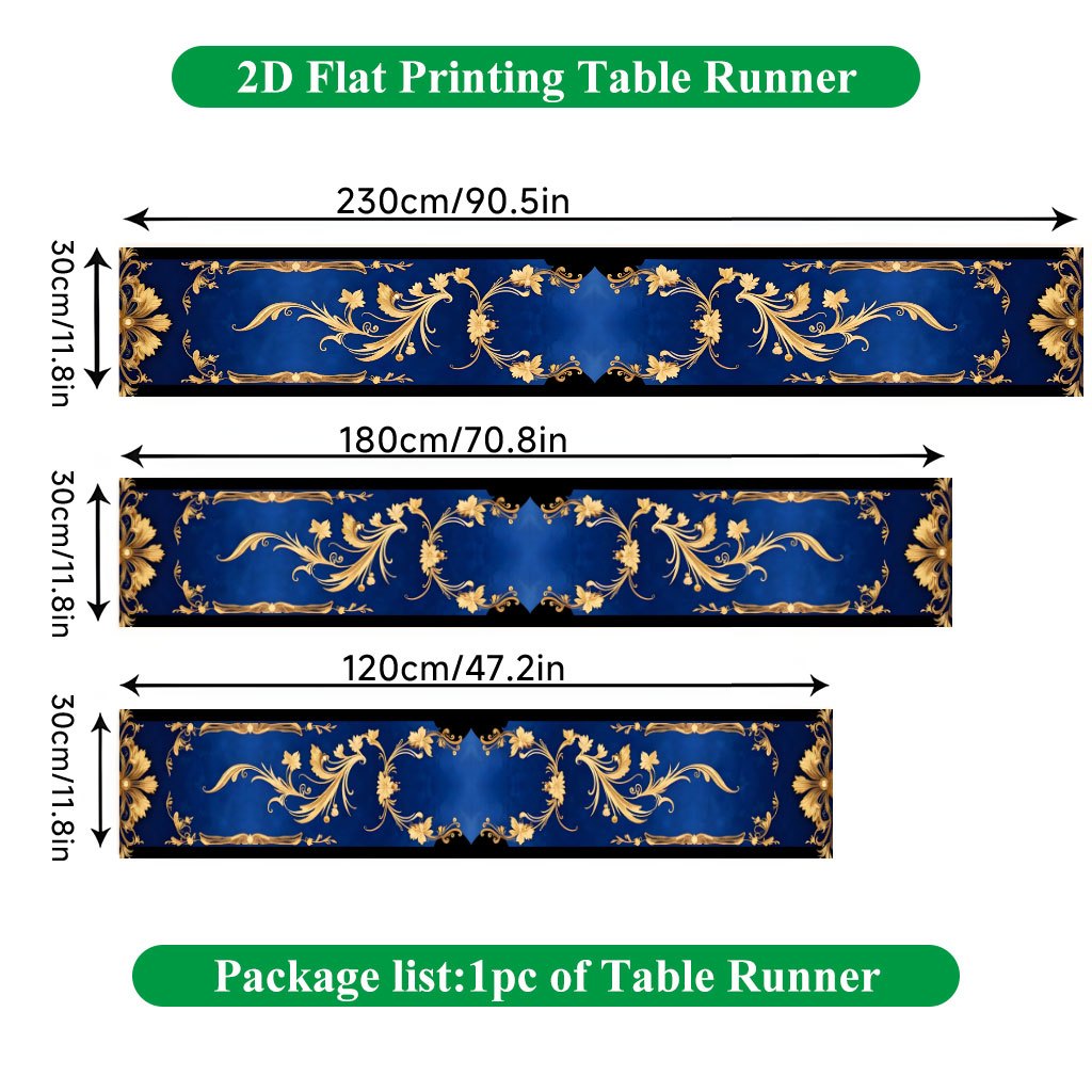 TEMU 2d Flat Printing Table Runner 1pc, Golden On Blue Polyester Rectangular Table Runner, Suitable For Birthday Parties, Wedding Table Decorations,