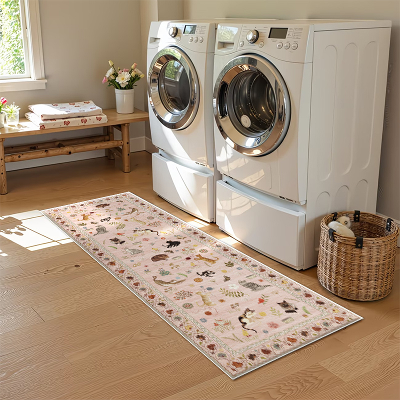 TEMU 1pc 850g/㎡ Velvet Cat Pattern Runner Rug, Machine Washable, Nordic Ins-style , Essential For , Suitable For Living