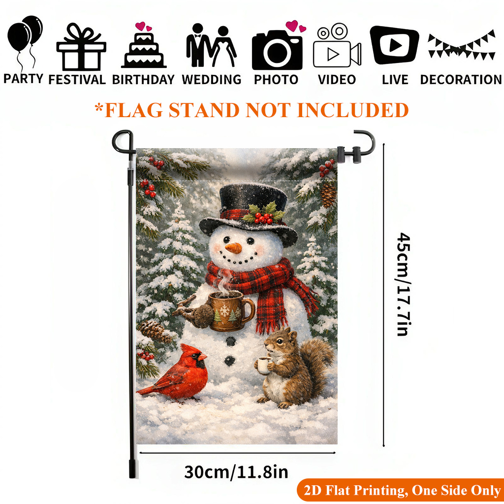 TEMU Drapeau de jardin plat 2D, impression 2D 1 pièce, drapeau de jardin de neige savourant une boisson chaude - Décoration d'extérieur imprimée sur