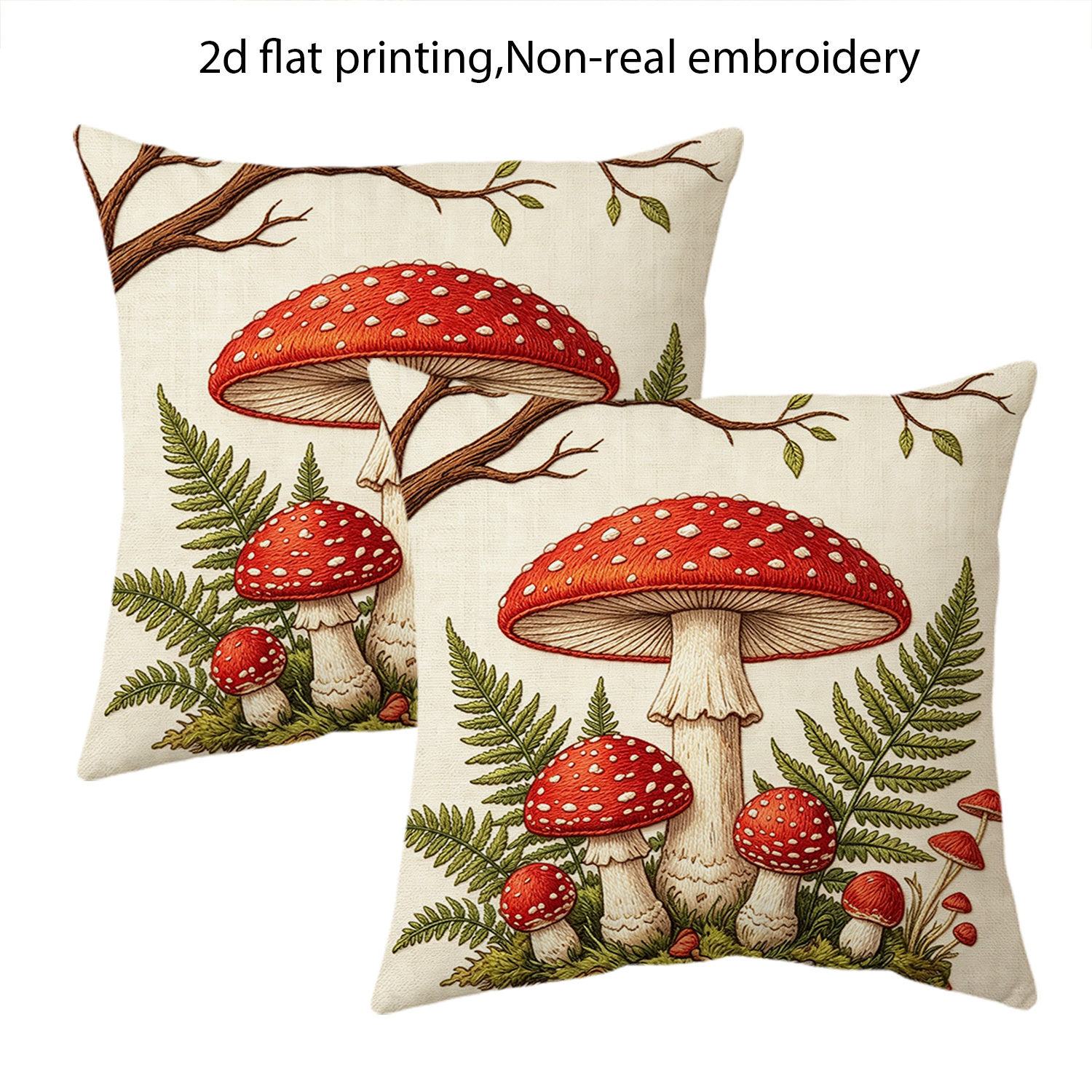 TEMU 2pcs 2d Flat Print Woodland Throw Pillow Covers, Non-real Embroidery Mushroom Cushion Covers, 18x18in, Decorative Pillowcases, For Bedroom,