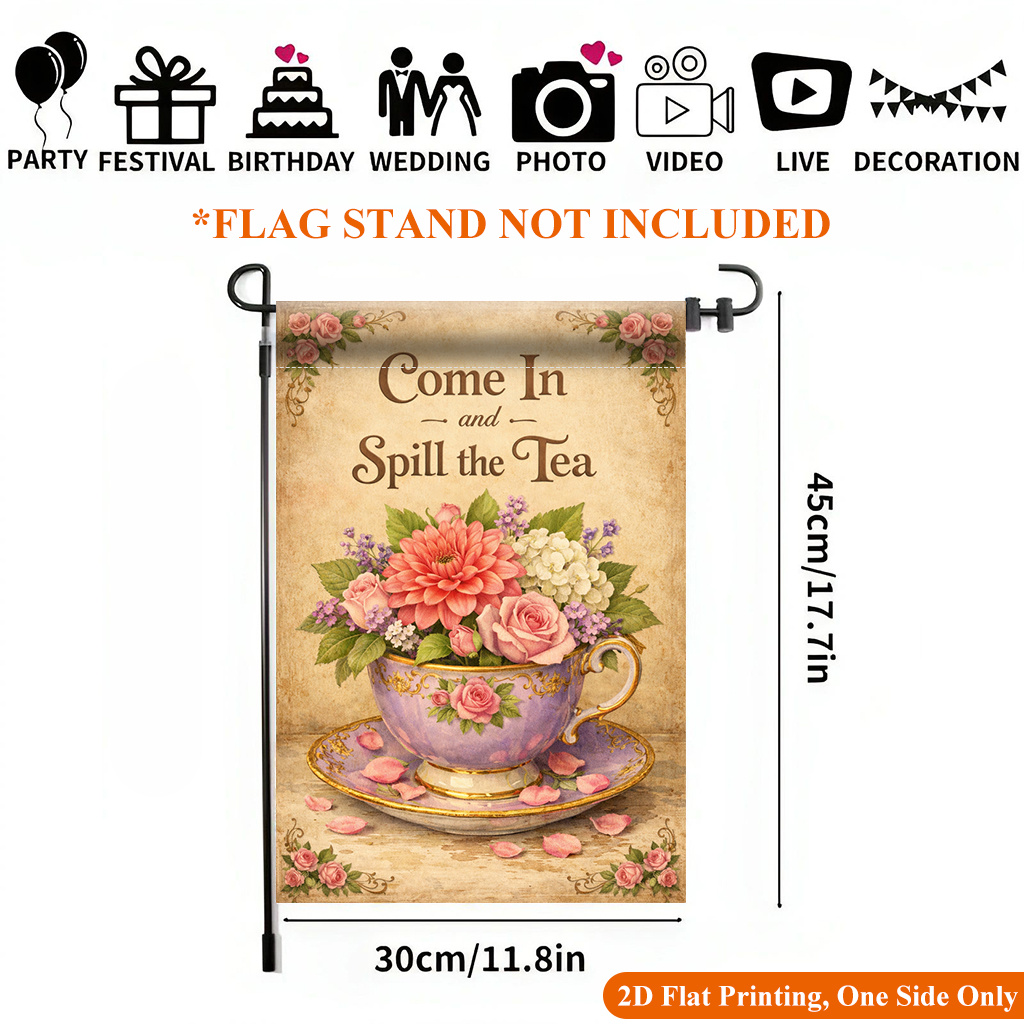 TEMU 2d Flat - 2d Flat - 2d Flat Printing Garden Flag 1pc, Flowers And Teacup Design Garden Flag - Single-sided Printed Outdoor Decor For Home And