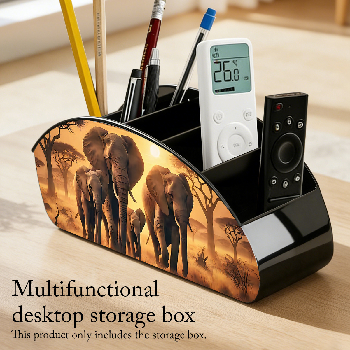 A Black Desktop Storage Box With A Remote Featuring An Elephant Pattern, Ideal For Organizing Items In Your Living Room, Desk, Or Dressing Table, With Compartments For