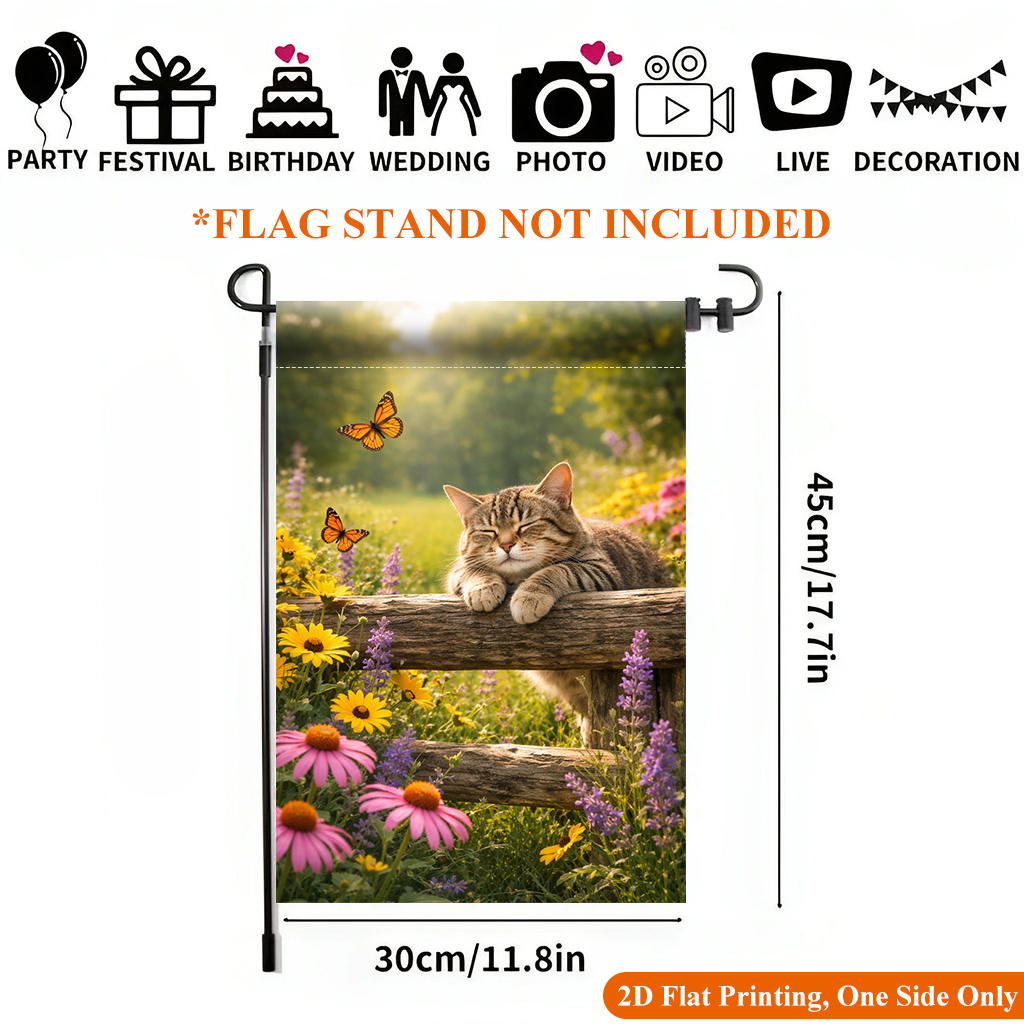 TEMU Drapeau de jardin plat 2D, impression plate 2D, 1 pièce, Drapeau de jardin Chat se détendant dans la nature - Imprimé sur une seule face,