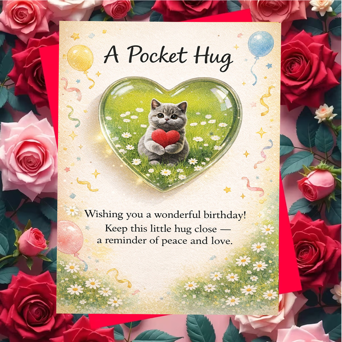 TEMU 1set(an Envelope And A Card) Cute Cat Heart Birthday Card, A Pocket Hug, Pastel Kitten Frame, , High Quality Paper, Red Or Optional, Creative