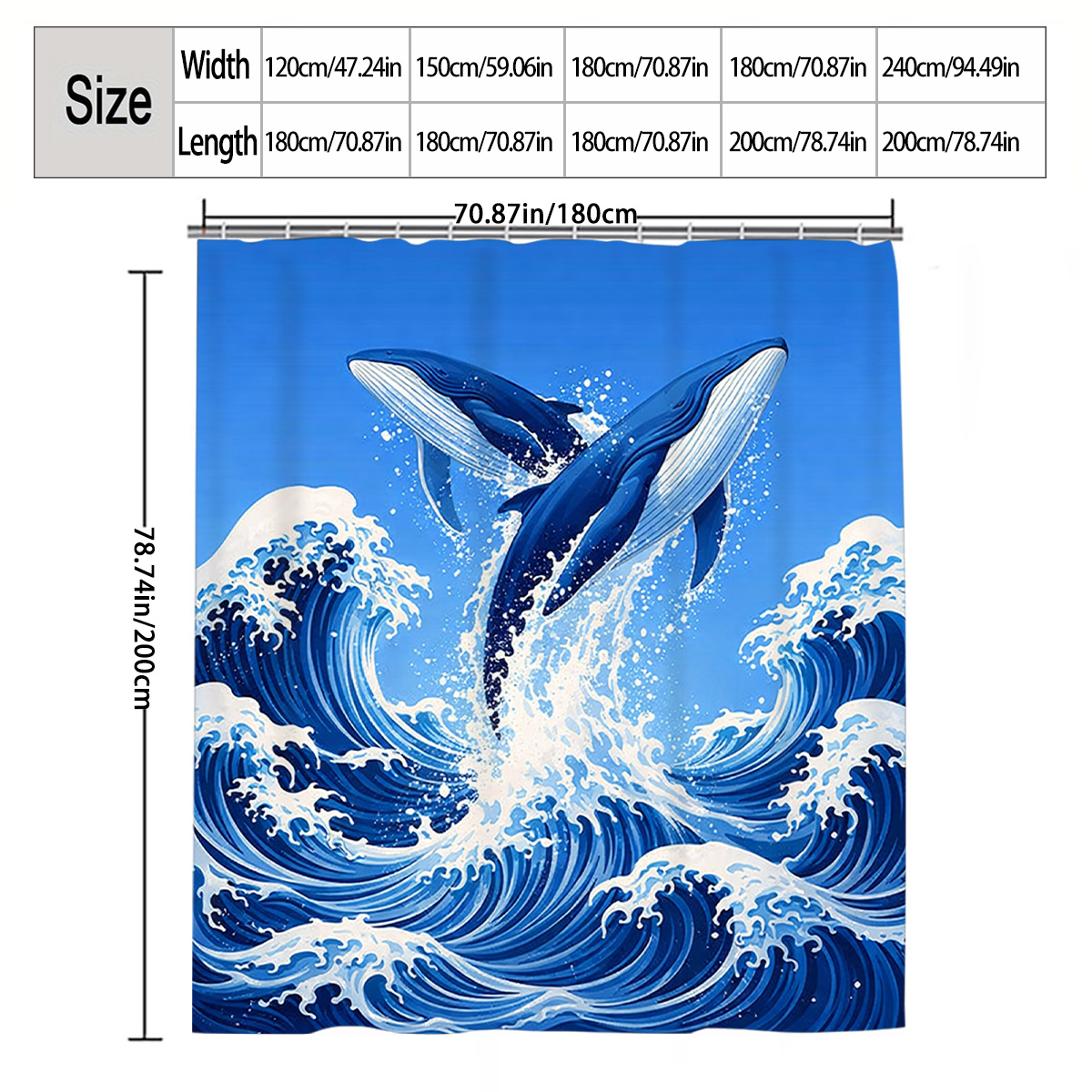 1pc Whales and Waves Shower Curtain, Multiple Size Options