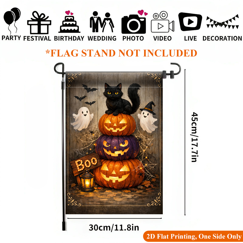 TEMU 2d Flat, 2d Flat Printing Garden Flag 1pc, Adorable Halloween Cat Flag - Single-sided Printed Outdoor Decor For Home And Garden, Holiday