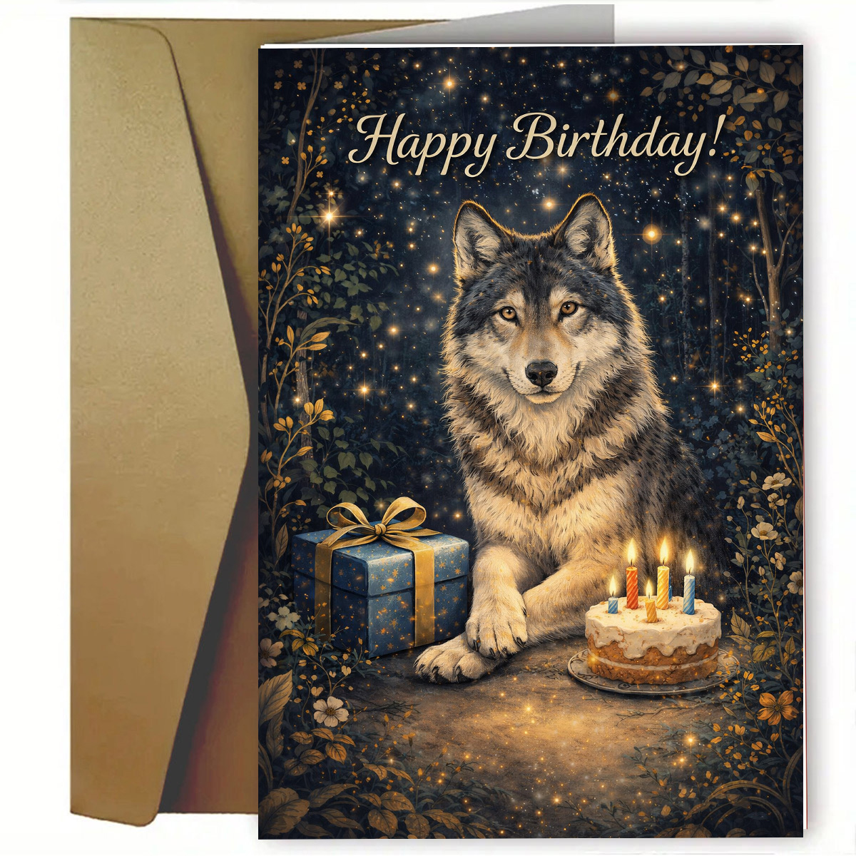 TEMU 1set(a Greeting Card And A Envelope.) Golden Wolf Birthday Card, Happy Birthday Text, Forest Party Scene, For Adults, High Quality Paper, Red Or