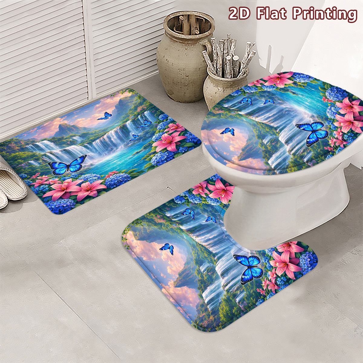 4pcs Serene Waterfall & Butterfly Shower Curtain Set with Toilet Lid Cover