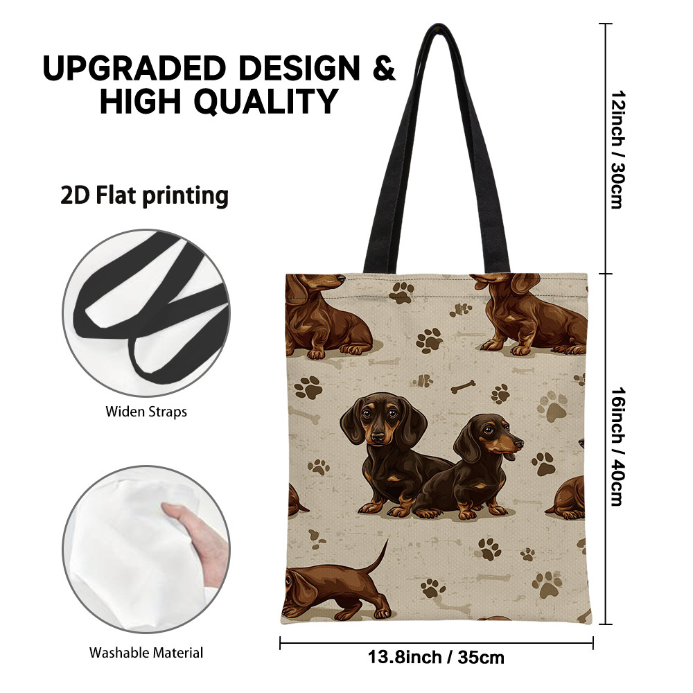 TEMU 1pc Oversized Reusable Tote Bag Suitable For Shopping, Work, Travel - Cute Dachshund & Paw Print Double-sided Design, Lightweight Durable