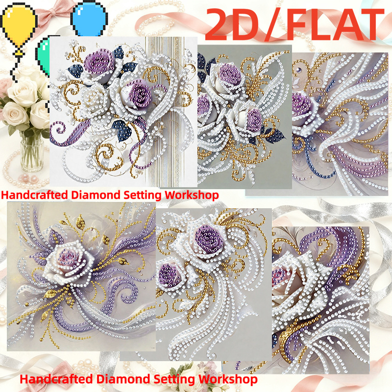 TEMU 6-pack Diamond Painting Greeting Cards With Envelopes | Purple And White Roses, Ideal For Birthdays, Halloween, Christmas | Handcrafted,